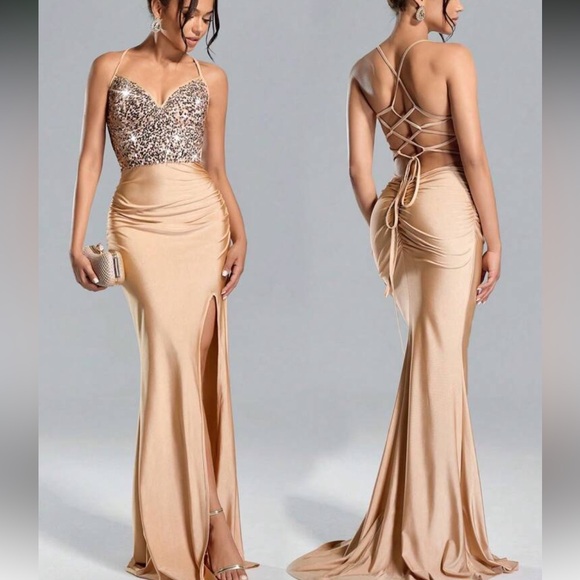 Elegant Champagne Sequin Evening Gown